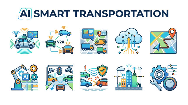 AI Smart Transportation with Connected Cars Navigation Traffic Control and City Mobility Symbols