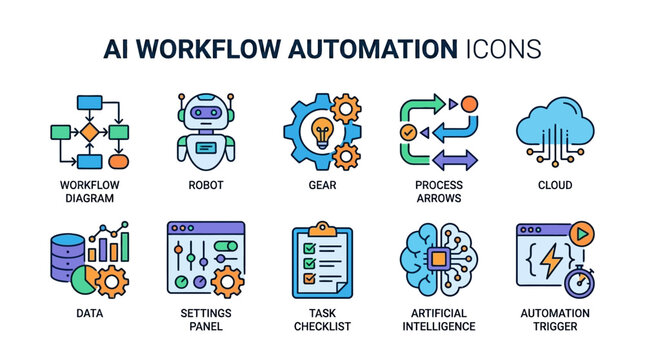 AI Workflow Automation Symbols with Robot Gear Cloud Data and Task Checklist