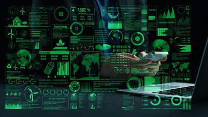Fototapeta premium Engaging digital interface showcasing green energy statistics and environmental metrics on a data dashboard. Ideal for themes of innovation and sustainability. Cipher