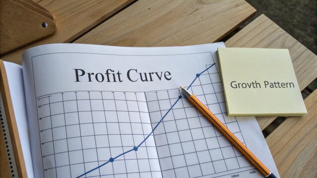 Profit Curve Business Growth Analysis Graph with Pencil and Sticky Note on Wooden Table