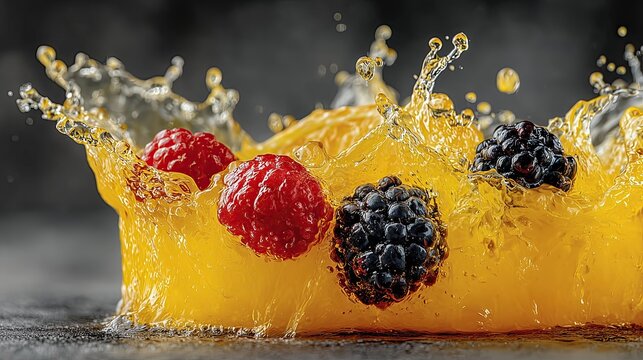 Berries splash in orange juice on a dark surface during midday