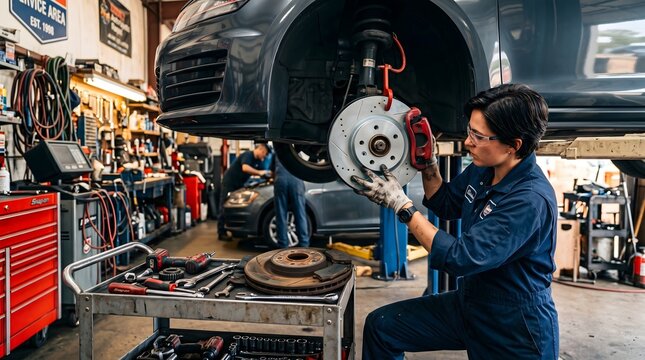 Professional Female Mechanic Working on Car Brakes in an Automotive Repair Shop, Demonstrating Skill and Expertise in Vehicle Maintenance