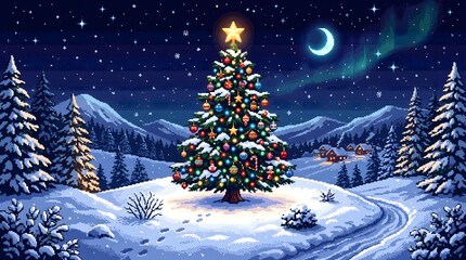 Fototapeta premium Pixel Art Christmas Tree in Snowy Winter Wonderland with Northern Lights and Cozy Village at Night