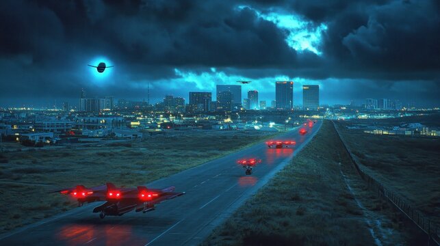 Futuristic city at night under a strange celestial event.