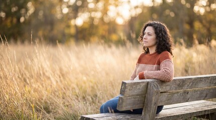 Obraz premium Woman sitting on a wooden bench in a sunny field