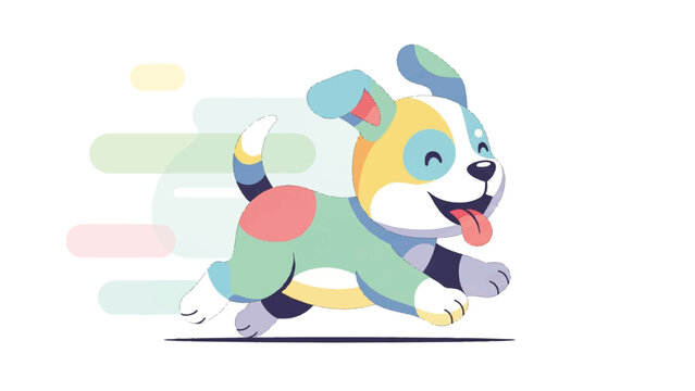Colorful cartoon dog running fast outside.