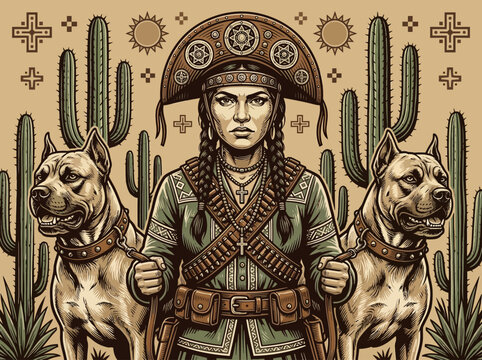 Vintage Illustration of a Brazilian Cangaceira Woman Warrior with Guardian Dogs and Cacti in the Sert&atilde;o Desert Folk Art Style