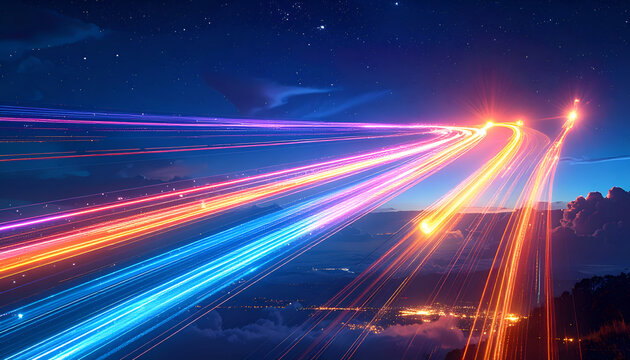 Vibrant Light Trails Streaking Across a Starry Night Sky.
