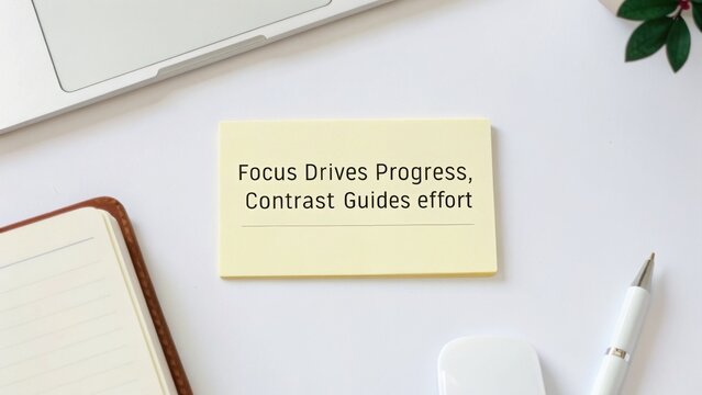 Yellow Sticky Note with Motivational Quote 'Focus Drives Progress, Contrast Guides Effort' on a Clean Desk