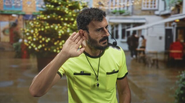 Man referee with whistle and headset pointing finger then cupping ear on street near decorated christmas tree; alertness crowd control.