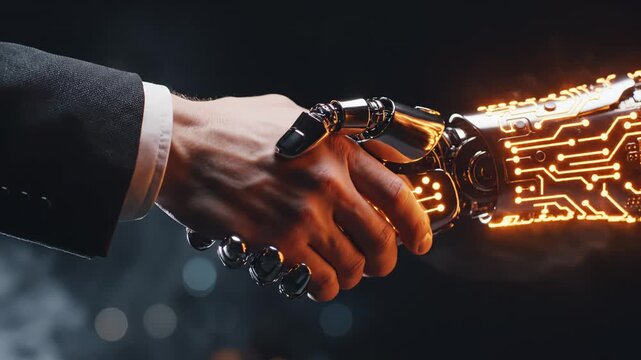 Human hand shaking robotic arm highlighting geometric patterns and contemporary art