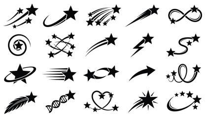 Star icon collection vector set with shooting stars swirl trails spark symbols and dynamic shapes isolated on white background concept of magic energy motion celebration and fantasy design © Maddy