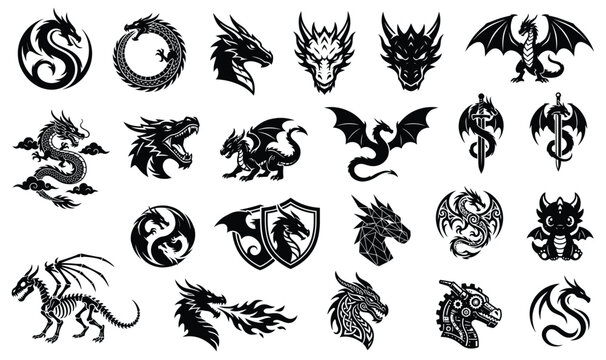 Dragon silhouette collection vector set with fantasy dragons heads wings fire breath and mythical creatures isolated on white background concept of power mythology danger and imagination