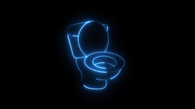 Vivid electric blue neon glowing toilet animation drawing its form on a deep black background, perfect loop for modern bathroom concepts, hygiene, or plumbing abstract motion graphics in 4K.