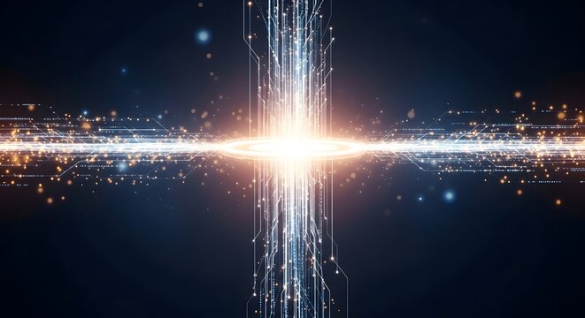 Technology Convergence Data Collision Bright Light Burst With Horizontal Circuit Streams Digital Information Explosion Abstract Background