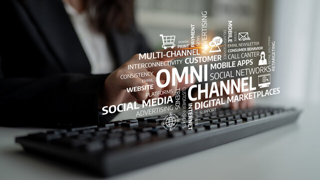 Focused hands on a keyboard with dynamic text overlay showcasing omni-channel marketing concepts essential for enhancing customer engagement and digital strategy. Tessel