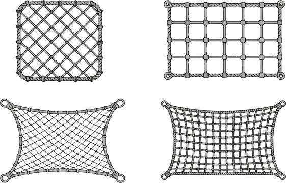 Marine rope net frames for nautical decoration and safety protection.