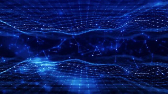 Abstract blue digital network with flowing wave grid and connected nodes, representing data transmission, connectivity, and advanced technology systems. Technology digital data network background