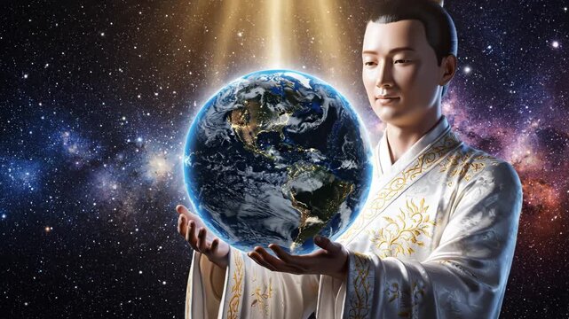 Man in traditional robe holding Earth ideal for lifestyle branding and social media storytelling