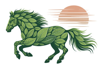 A majestic horse silhouette composed entirely of vibrant green leaves, galloping gracefully against a stylized sunset, isolated on white background