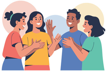 Fototapeta premium Group of diverse young people talking and gesturing, happy friends having a conversation, illustration of social interaction and communication