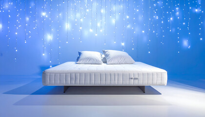 Fototapeta premium Luxurious White Mattress with Pillows on a Dreamy Blue Background.