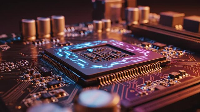 Closeup of a computer motherboard with glowing circuitry ideal for tech startups and software promos