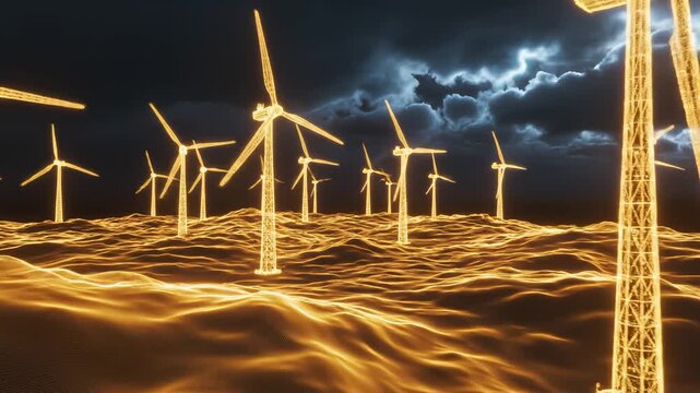 Wind turbines in glowing landscape symbolizing exploration and the great outdoors