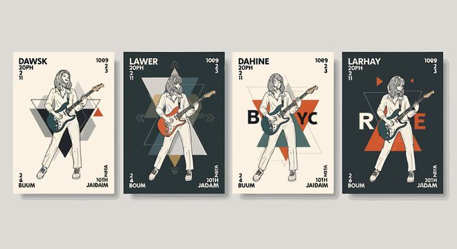 Rock music posters, guitar player illustrations, band promo art, vector graphics set