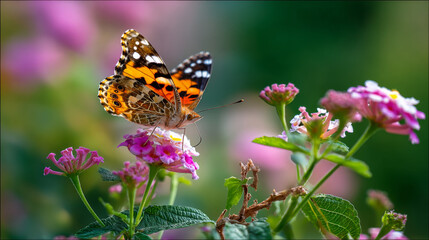 Naklejka premium Vibrant butterfly perched on blooming pink flower in garden, colorful wings, nature closeup