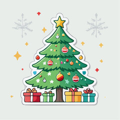 Fototapeta premium Cartoon Christmas Tree with Gifts and Snowflakes