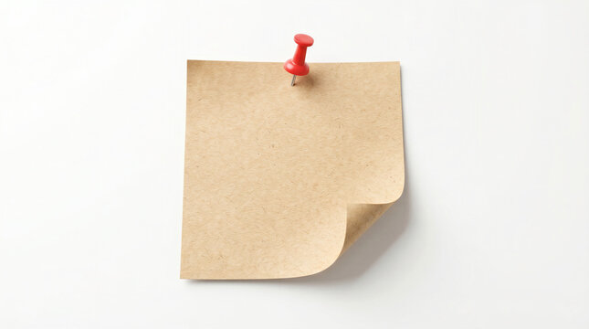 Textured kraft paper note with curled corner pinned by a single red pushpin, isolated on a white background