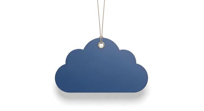 Blue cloud shaped tag hanging on string isolated on white background for technology concept.