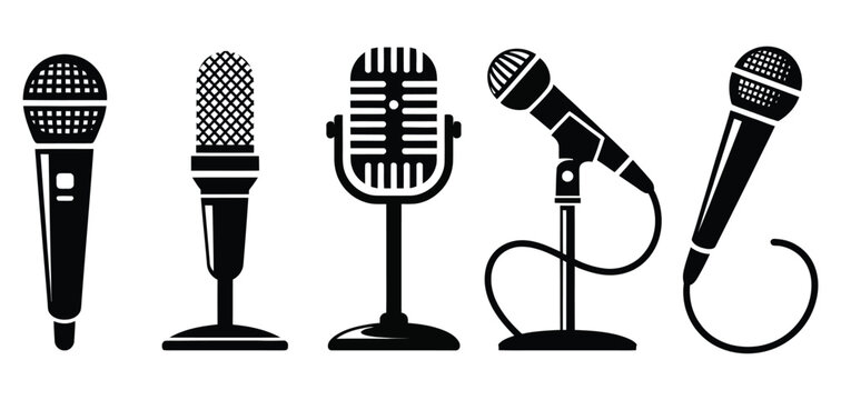Set of black microphone icons, collection of modern and classic mic symbols on white background, clean vector illustration