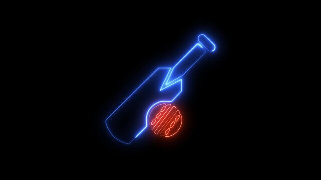Neon blue cricket bat and red ball glow animation.