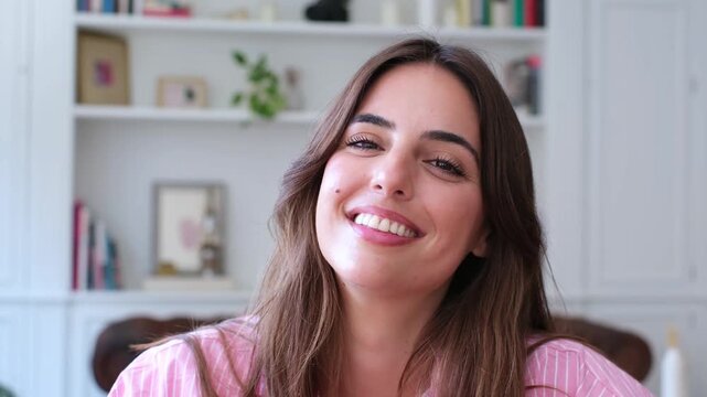 A beautiful young woman smiles and laughs genuinely while looking into the camera. Her positive and cheerful expression conveys joy and warmth, perfect for themes of happiness and well-being.