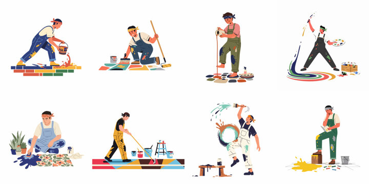 Collection of illustrations featuring a creative male artist painting colorful patterns on floors and tiles using various tools like rollers and brushes.