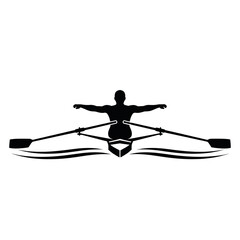 Silhouette of a single scull rower in action on the water. © septya