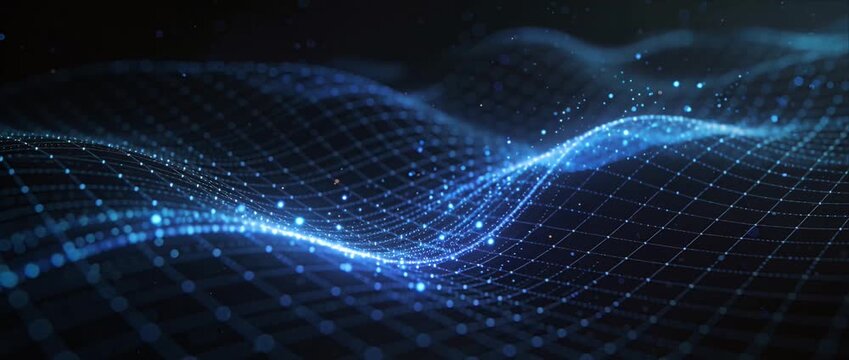 Digital wave data grid abstract background with blue light particle line technology concept futuristic wave cyber space motion energy and flowing pattern abstract data digital wave blue light particle