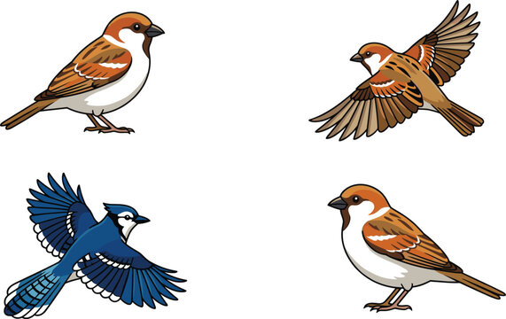 Vector set of various wild birds including sparrow and blue jay isolated on white background for nature design.