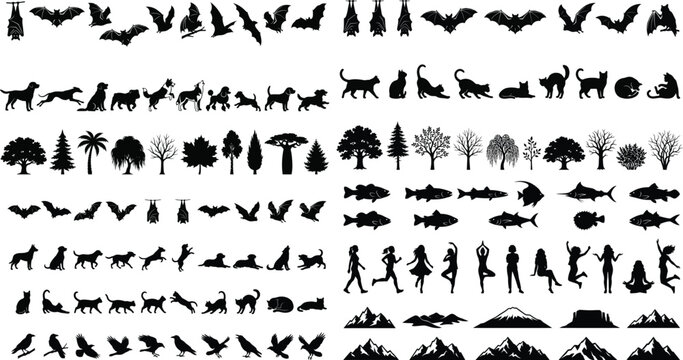 Collection of silhouettes: bats dogs cats trees fish birds mountains people with black and white silhouette mountain wildlife domestic landscape illustration collection different monochrome