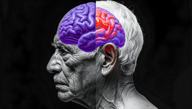 Elderly Mans Brain with Highlighted Areas Indicating Cognitive Function or Neurological Activity.