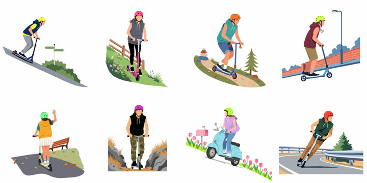 A collection of flat vector illustrations depicting various people riding kick scooters and a moped in different outdoor settings, all wearing protective helmets.