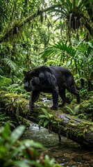 Fototapeta premium Black panther walking on a mossy log in a lush jungle