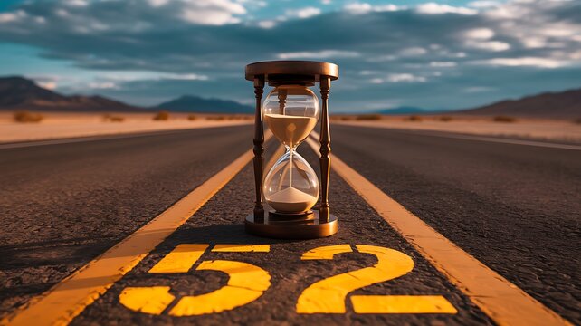 Hourglass on road with number fifty two marking for time passing deadline and countdown concept