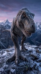 Fototapeta premium Tyrannosaurus Rex in a snowy mountain landscape