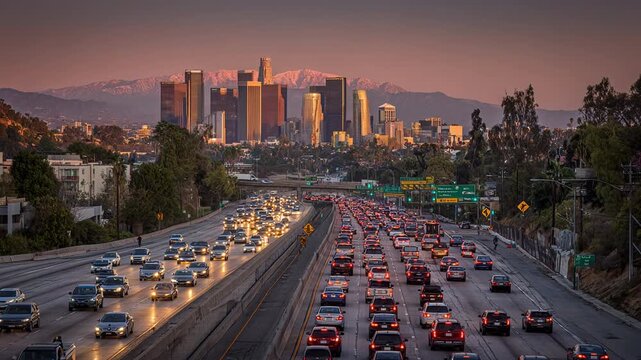 Los Angeles rush hour traffic, busy urban freeway with dense car congestion, city transport scene
