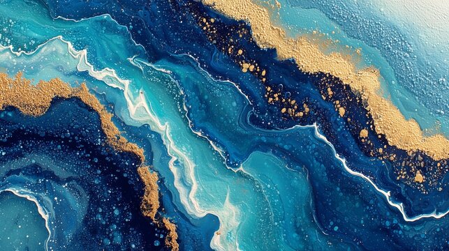 Deep Blue and Turquoise Fluid Marble Art with Golden Accents Background
