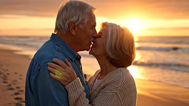 Elderly couple embracing on beach at sunset perfect for scenic backgrounds and natural storytelling