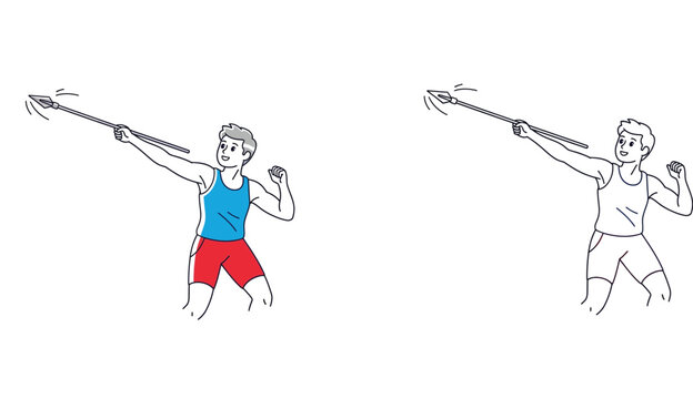 Javelin Thrower Athlete Illustration. Track and Field Sportsman Aiming Spear. Colorful and Black and White Line Art Vector Drawing. Good for Coloring Book.